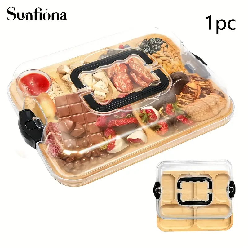 Sunfiona 1pc Bamboo Cheese Tray with Secure Snap-On Acrylic Lid - Portable Recycled Wood Serving Platter for Camping, Parties, Restaurants