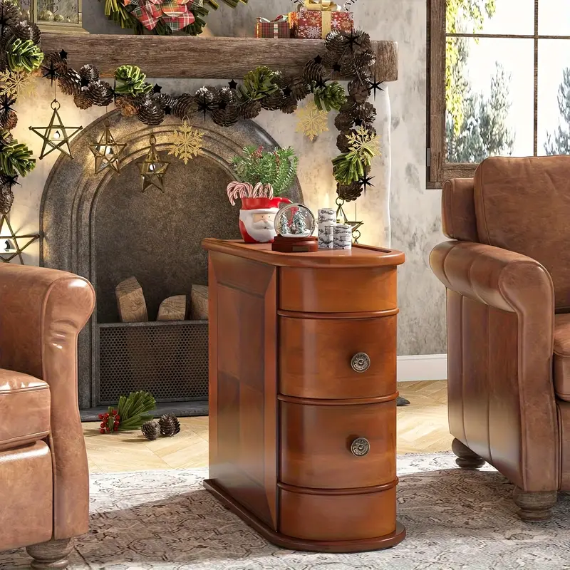 Walnut Wood End Table, 2-Drawer Narrow Side Table with Finished Back, No Assembly Required