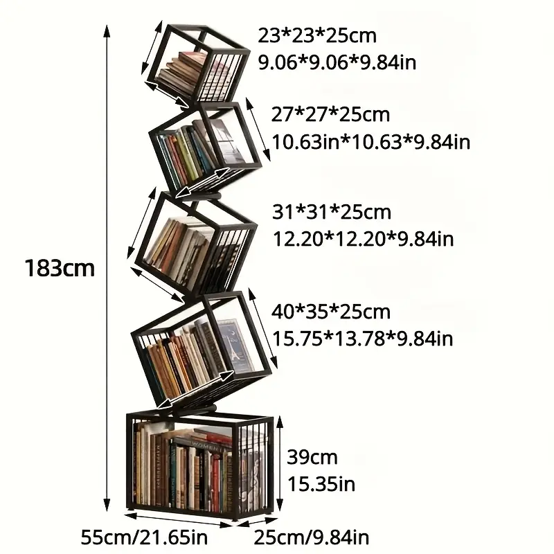 5-Tier Black Metal Geometric Bookshelf - 72.8" Tall Industrial Display Shelf with Corner Storage for CDs/Books