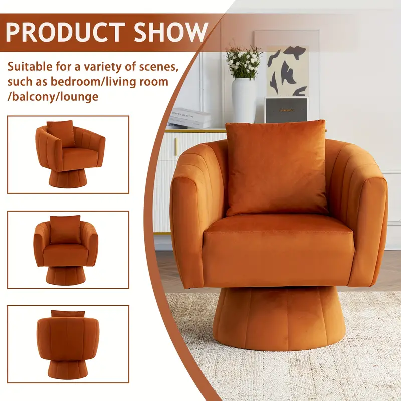 LEADZM 360° Swivel Accent Chair, Modern Velvet Fabric Living Room Armchair with Fluffy Cushions
