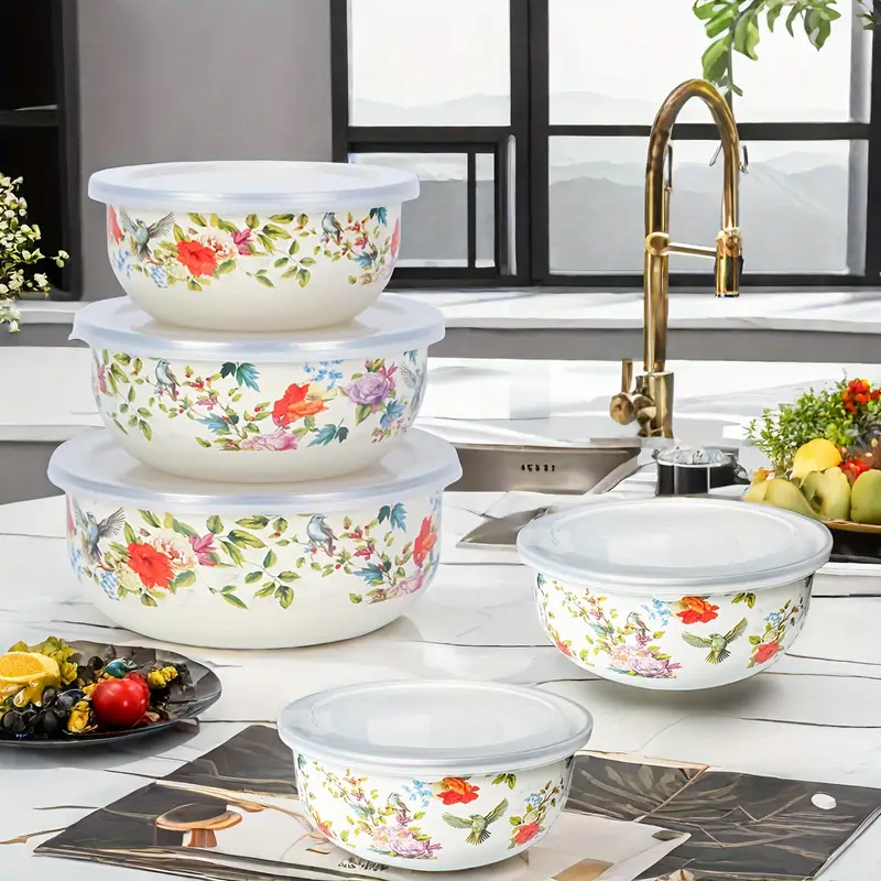 Summer picnic essentials! Birdsong enamel five-piece ice bowl sealed fresh-keeping box camping portable tableware