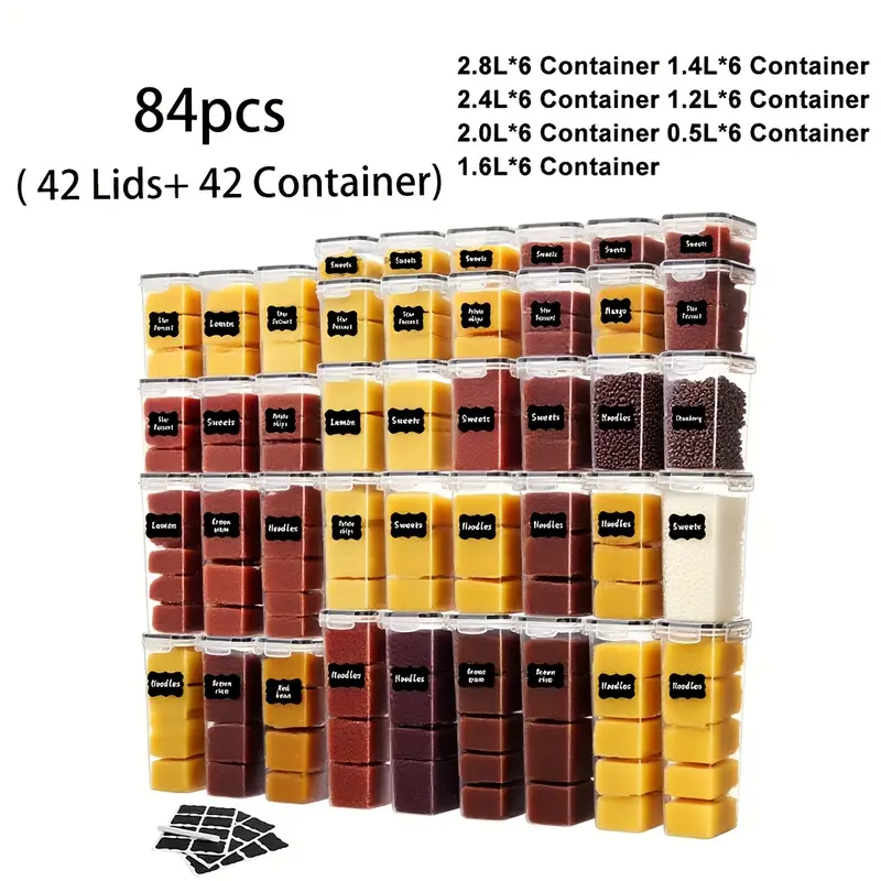 84pcs Air-Tight Crisper with Lid, Label And Marker, Plastic Kitchen Pantry Storage Container for Sugar, Flour And Baking Supplies, Kitchen Supplies, to Keep Food Fresh And Organized, (42 Jars +42 LIDS)