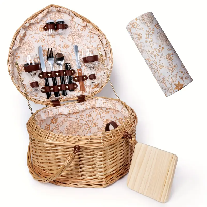 Romantic Heart-Shaped Wicker Picnic Basket for 2 - Durable Willow Wood, Reusable with Lid & Handle | Perfect for Gifts, Vintage Wine Baskets, Handwash Only, Picnic Accessories