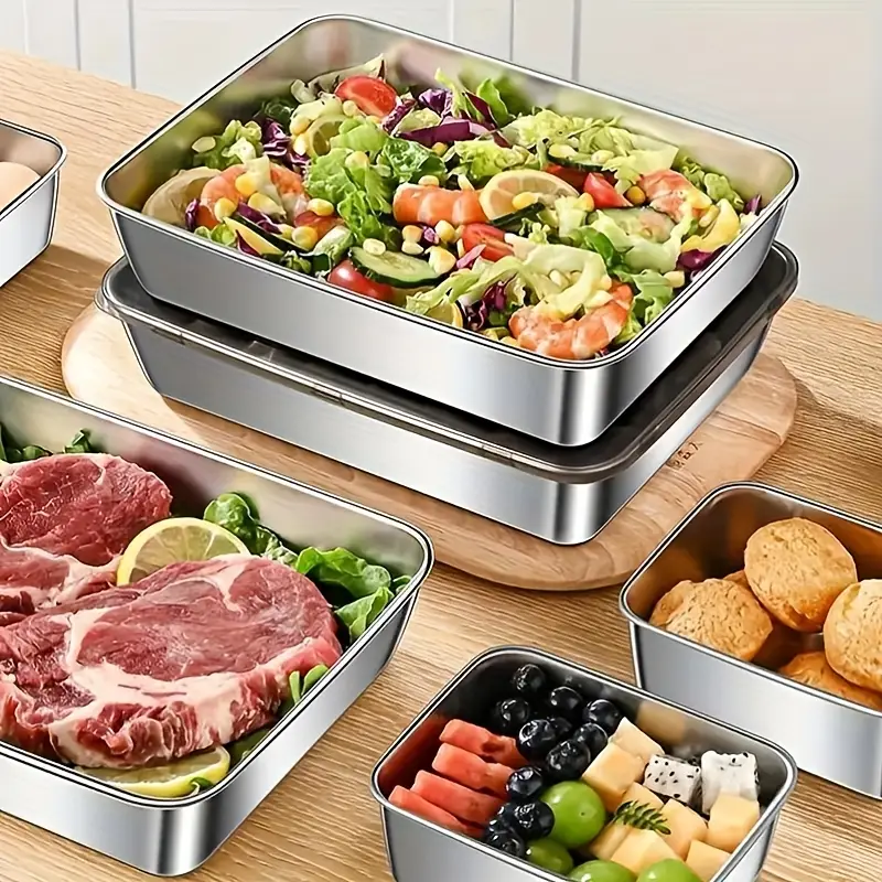 Buy 3 Get 2 Free, Total 5pcs Stainless Steel Food Storage Containers - Durable Baking Trays with Free Lids, Reusable, Suitable for Picnics