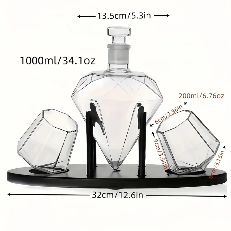 Diamond Whiskey Decanter+2 Diamond Glass Cups, Scotch Whiskey, Rum, Bourbon, Vodka, Tequila Whiskey Decanter