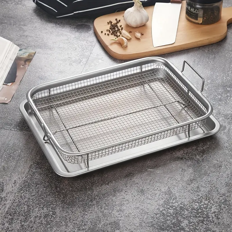 2pcs Stainless Steel Mesh Drain Basket - Multi-Purpose Countertop Grilling Rack, Suitable for Frying, Barbecue, and Outdoor Cooking - Food-Safe Oil Drip Tray, Perfect for French Fries and Snacks, Air Fryer Accessories Oven Baking Pan