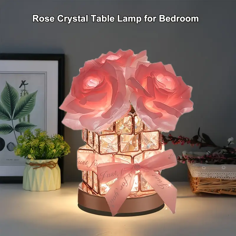 1pc Cordless Rose Table Lamp - USB-Rechargeable LED Night Light with Dimmable Pink Floral Lighting, Auto On/Off