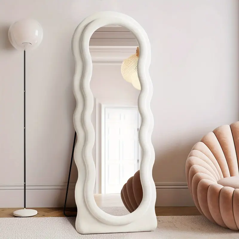63"x24" Irregular Mirror Full Length, White Oversized Flannel Wave Floor Mirror With Stand