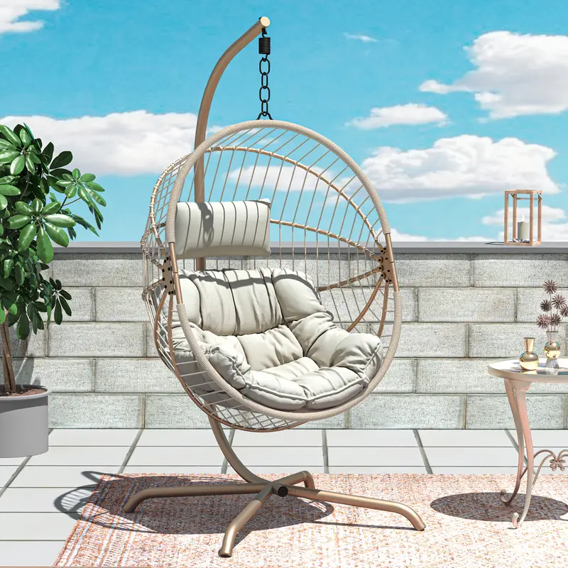 Oversized Egg Swing Chair With Stand, Hanging Swing Chair, Foldable Hammock Chair With Steel Frame, 350LBS Capacity For Patio Yard Balcony Porch