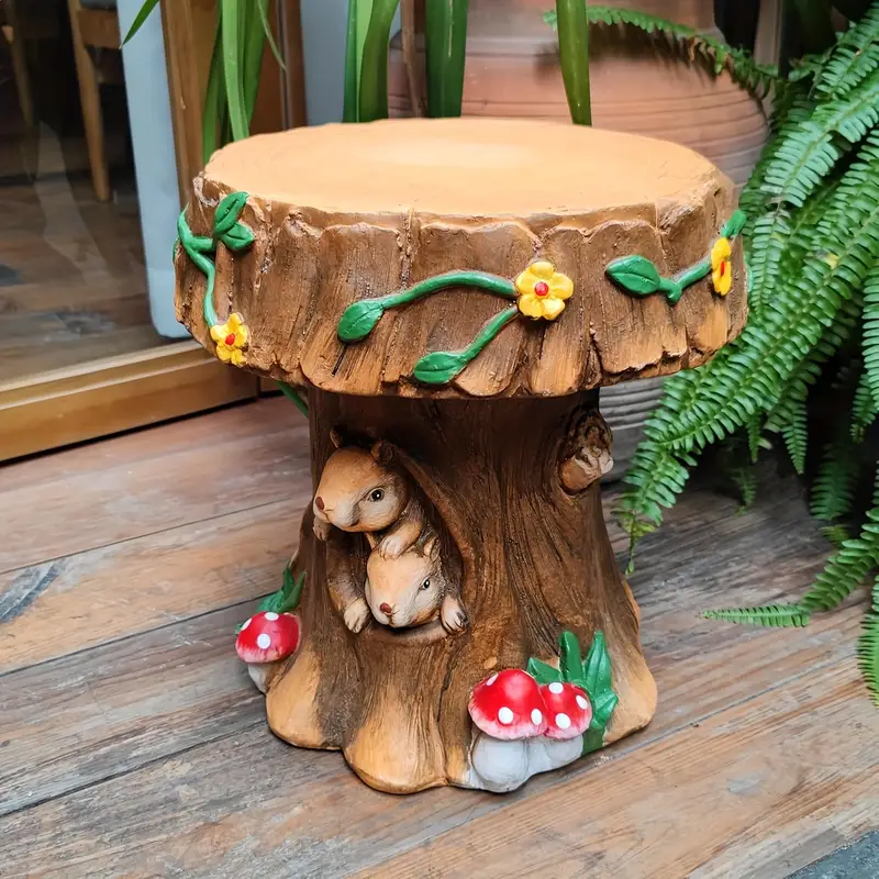 Enchanted Resin Mushroom Squirrel Garden Stool Sculpture - 12.6 Inch Whimsical Outdoor/Indoor Decor with Red Mushrooms