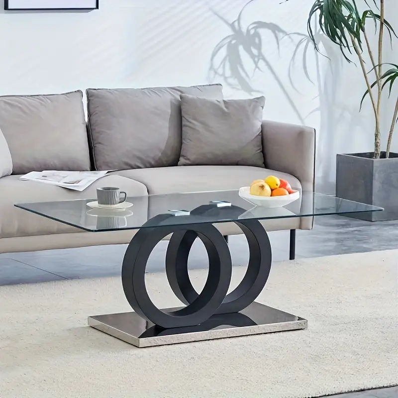 Glass Coffee Table, Modern Tempered Clear Coffee Tables Rectangular Center Tea Table With Wood Base For Living Room, Dining Room, Office, Easy To Install, Easy To Carry, Furniture For Home, Durable And Stable