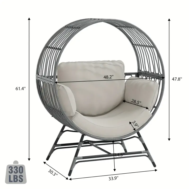 Wicker Round Egg Chair, Oversized Outdoor Lounger For Patio, W/ 4 Cushions, Steel Frame