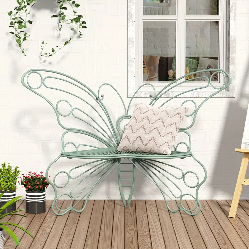 50 Inches Outdoor Bench, Garden Bench with Sturdy Iron Metal Frame, Pretty Butterfly Bench Front Porch Bench for Porch, Lawn, Garden, Yard