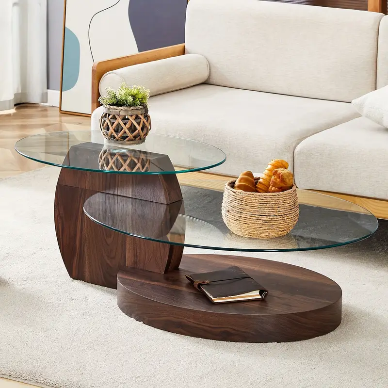 47" Round Glass Coffee Table, Modern 3 Tier Circle Coffee Table for Small Space, Oval Center Table with Wood Base, Fashionable And Exquisite, Easy to Install, Coffee Table for Living Room, Dining Room, Home, Office, Furniture for Home